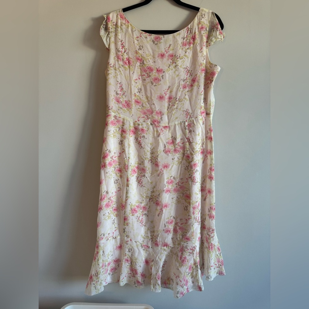 Ann Taylor Petites Silk Pink White Floral Chiffon Spring Elegant Midi Dress - Picture 2 of 7